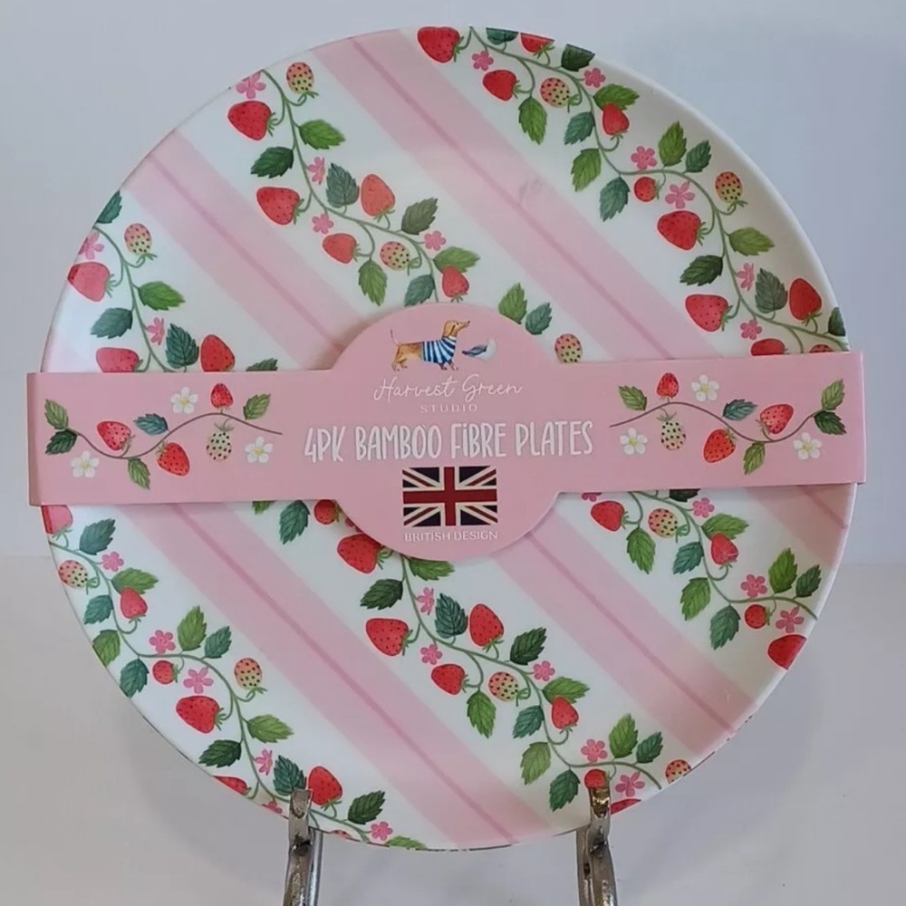 Harvest Green Studio Bamboo Strawberry Print Dinner Plates Set of 4 NEW